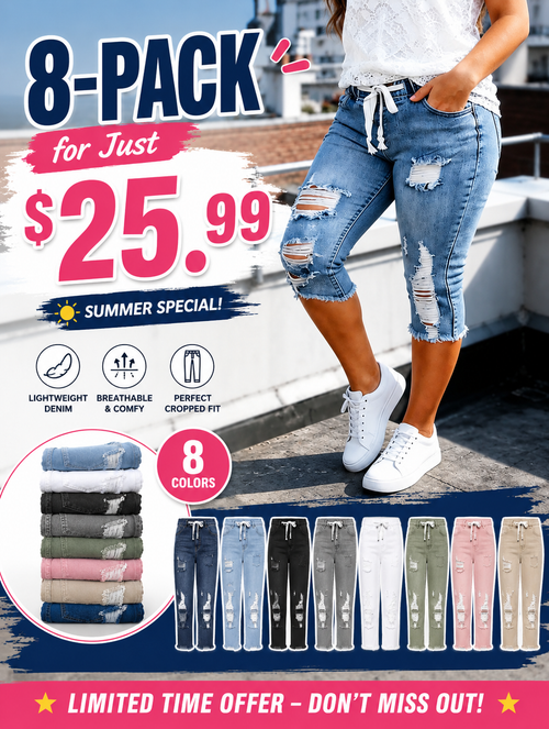 Fashion Distressed Ripped Capri Jeans Plus Size Casual High-Waisted Drawstring Waist Denim Cropped Pants + Lace cutout top